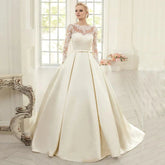 Satin Wedding Dresses with Pockets O-neck Long Sleeves Arabic Lace Dress Robe