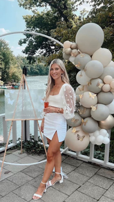 Vestido corto de fiesta de bienvenida blanco de dos piezas con mangas largas Y1990