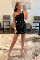 One Shoulder Black Sequin Bodycon Mini Dress Black Homecoming Dress Y2979