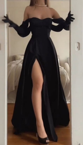 Robe de soirée longue noire tendance en forme de A avec fente Y4064