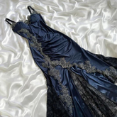 Vintage Navy Blue Satin Lace Appliques Mermaid Evening Dress Prom Dress Y8497