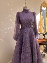Robe de soirée luxueuse à paillettes, coupe trapèze, manches longues Y5810
