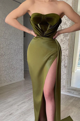 Robe de bal bustier sirène élégante en velours vert olive sans bretelles, robe de soirée modeste Y377