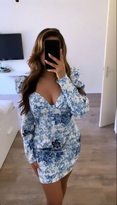 Blue Floral Long Sleeves Homecoming Dress Blue Party Dress Y7064