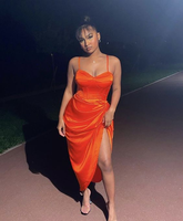 Elegante vestido de noche naranja con tirantes finos, vestido de fiesta naranja Y6354