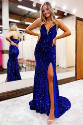 Robe de bal fendue bleu royal à sequins SYP109