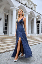 Vestido de dama de honor con tirantes finos, bordado, escote en V y abertura frontal, para fiesta, boda y noche, 28089