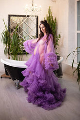 Vestido de maternidad lavanda para sesión de fotos