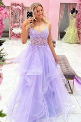 Tulle A-line V-neck Lace Appliques Long Prom Dresses, Evening Gown