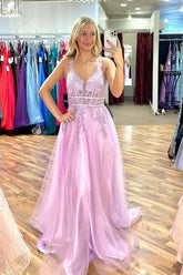 Tulle A-line V-neck Lace Appliques Prom Dresses, Long Formal Dress