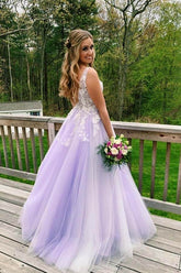 Tulle Lace A-line V-neck Open Back Prom Dresses, Long Formal Dress