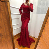 Robe de soirée sirène à manches longues, rouge vin, perles, en solde, sans retour ni remboursement, robe de soirée de luxe tendance, photo réelle, Dubaï LA6428, 2025