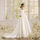 Vestidos de novia de satén de manga larga para mujer con lazo, vestido de novia con escote corazón, vestido de novia largo hasta el suelo, personalizado 2023