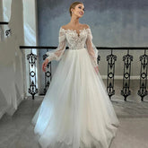 Robe de mariée blanche luxueuse en tulle avec application de dentelle, col rond, coupe trapèze, longueur au sol, pour femme