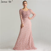 Robe de soirée de luxe en dentelle et perles roses, en solde, sans retour ni remboursement, style sirène, broderie, manches longues, LA6408, 2025