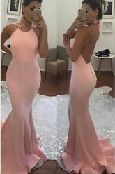 Open Back Halter Mermaid Spaghetti Straps Prom Dresses with Train