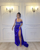 Elegant Blue Sheath Evening Dress With Split Blue Formal Gown Y6426