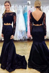 Two Piece Long Sleeves Mermaid Prom Dresses With Appliques