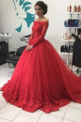 Robe de bal rouge en tulle et dentelle à épaules dénudées, manches longues, robe de mariée