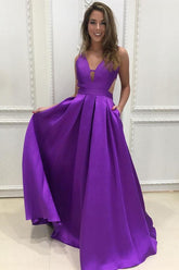 Robe de bal longue simple en satin violet, coupe trapèze, col en V, robe de demoiselle d'honneur