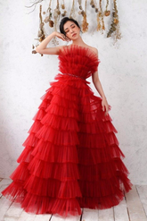 Vestido de baile largo de corte A de tul rojo, vestido de noche rojo Y3067