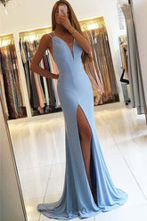 Robe de bal longue sirène bleu clair sans manches et fendue, robe de soirée fabuleuse