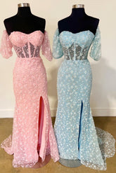 Robe de bal longue sirène en dentelle florale 3D avec décolleté cœur et fente