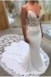 Vestido de novia de sirena con encaje y tirantes finos, estilo glamuroso MW290