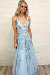V-neck Sky Blue Lace Prom Dresses Long Rose Red Formal Maxi Dress