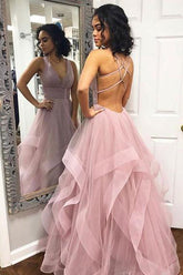 V-neck Simple Dusty Rose Long Prom Dresses with Straps and Ruffle Skirt