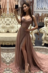 Robe de bal longue rose doré à fines bretelles pas chères, robe de soirée
