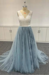 Robes de bal en tulle brodé ombré et dentelle douce à col en V