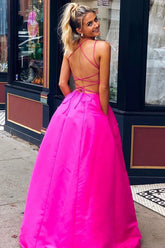 Ball Gown V-neck Cross Back Satin Long Prom Dresses with Pockets, Evening Dresses