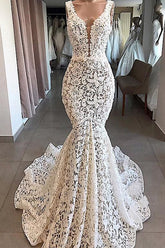 Baoleely Vintage Mermaid V-neck Open Back Ivory Lace Wedding Dresses, Elegant Wedding Gown,MW405