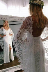 Batwing Sleeve Lace Rustic Wedding Dresses Ivory Sheath Boho Wedding Dresses