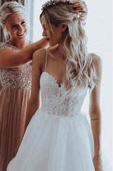 Baoleely Unique A-line Tulle Spaghetti Straps Backless Wedding Dresses Online, MW499