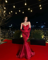 Robe de soirée longue sirène sexy en satin rouge à col en V, robe de cérémonie Y3071