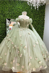 Robe de princesse vert sauge clair brillant ornée de fleurs. Robe de bal vert sauge clair, robe pour les 16 ans (Y2188)