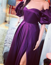Vestido de noche morado de corte A con mangas abullonadas Y5769