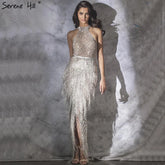 Robe de soirée sirène à franges et strass, luxueuse, col licou, sans manches, fendue, LA60776
