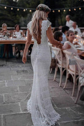 Vestido de novia bohemio estilo sirena, sin espalda, de encaje, con mangas cortas, WD435