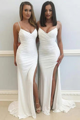 Mermaid Chiffon V-neck Spaghetti Straps Bridesmaid Dresses With Slit