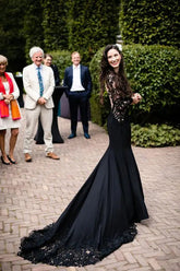 Vestido de novia negro con estampado floral de sirena, manga larga, WD742