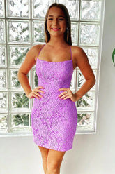 Vestido corto de encaje ajustado color morado sirena para baile de bienvenida PD473