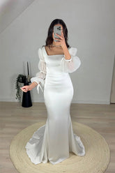 Vestido de novia blanco de sirena con escote cuadrado y mangas largas WD755