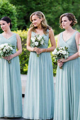 Mint Green A-line V-neck Chiffon Floor Length Bridesmaid Dresses