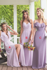Vestidos largos de dama de honor modestos de gasa color púrpura, corte en A, asimétricos