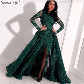 Muslim Luxury Long Sleeve Green Evening Dresses 2025 Mermaid Sparkle High Neck Evening Gowns Design LA60755