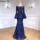 Robe de soirée sirène bleu marine, élégante, style musulman, manches évasées, luxueuse, pour femmes, LA71417, 2025