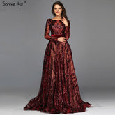 Robe de mariée de luxe rouge vin musulman, coupe trapèze, style vintage, manches longues, paillettes, grande taille, LA60799, 2025